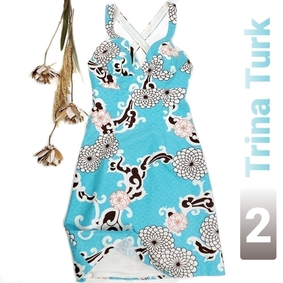Trina Turk Turquoise Brown Floral Sundress Sz 2 - Picture 1 of 14